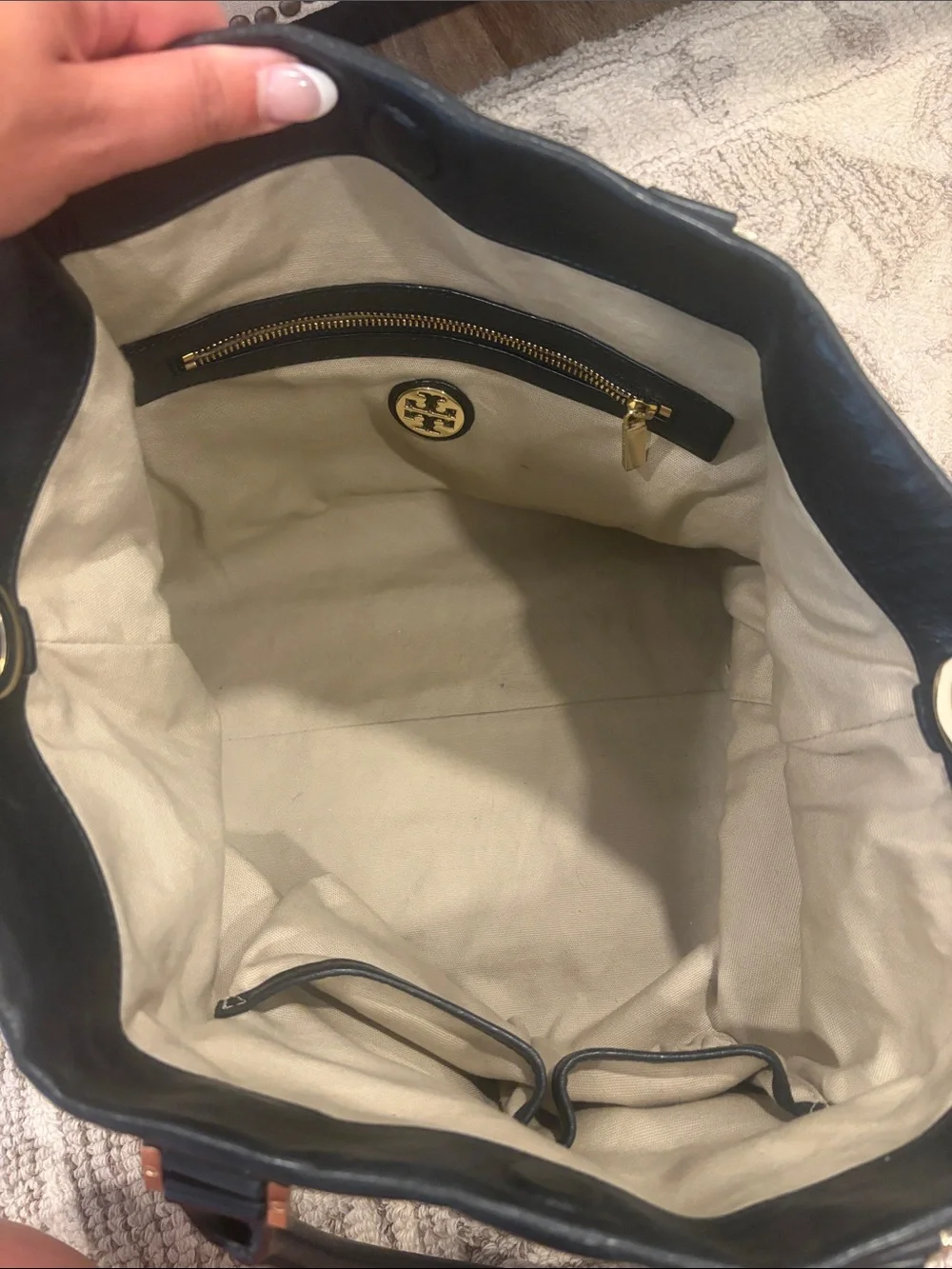 Tory Burch Black Leather Tote with Gold Emblem